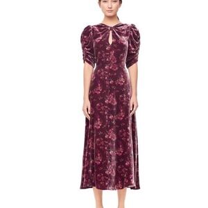 Rebecca Taylor Silk Blend Floral Velvet Midi Dress Purple Puff Sleeve Size 6